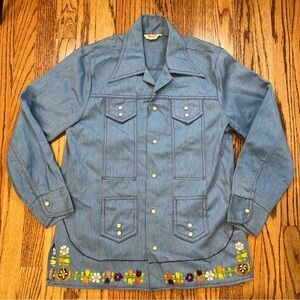 VTG Blanquita Womens M Bird Embroidered Pearl Snap Jean Denim Shirt 70s 60s Top